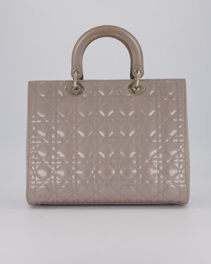Christian Dior Taupe Grey Large Lady Dior Bag in Cannage Patent Leather with Silver Hardware RRP £5,600