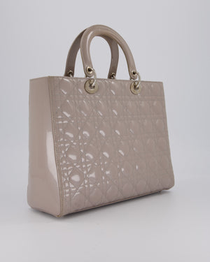 Christian Dior Taupe Grey Large Lady Dior Bag in Cannage Patent Leather with Silver Hardware RRP £5,600