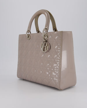 Christian Dior Taupe Grey Large Lady Dior Bag in Cannage Patent Leather with Silver Hardware RRP £5,600