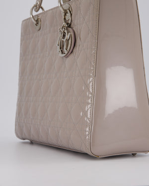 Christian Dior Taupe Grey Large Lady Dior Bag in Cannage Patent Leather with Silver Hardware RRP £5,600