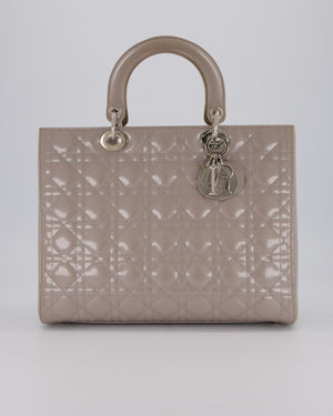 Christian Dior Taupe Grey Large Lady Dior Bag in Cannage Patent Leather with Silver Hardware RRP £5,600
