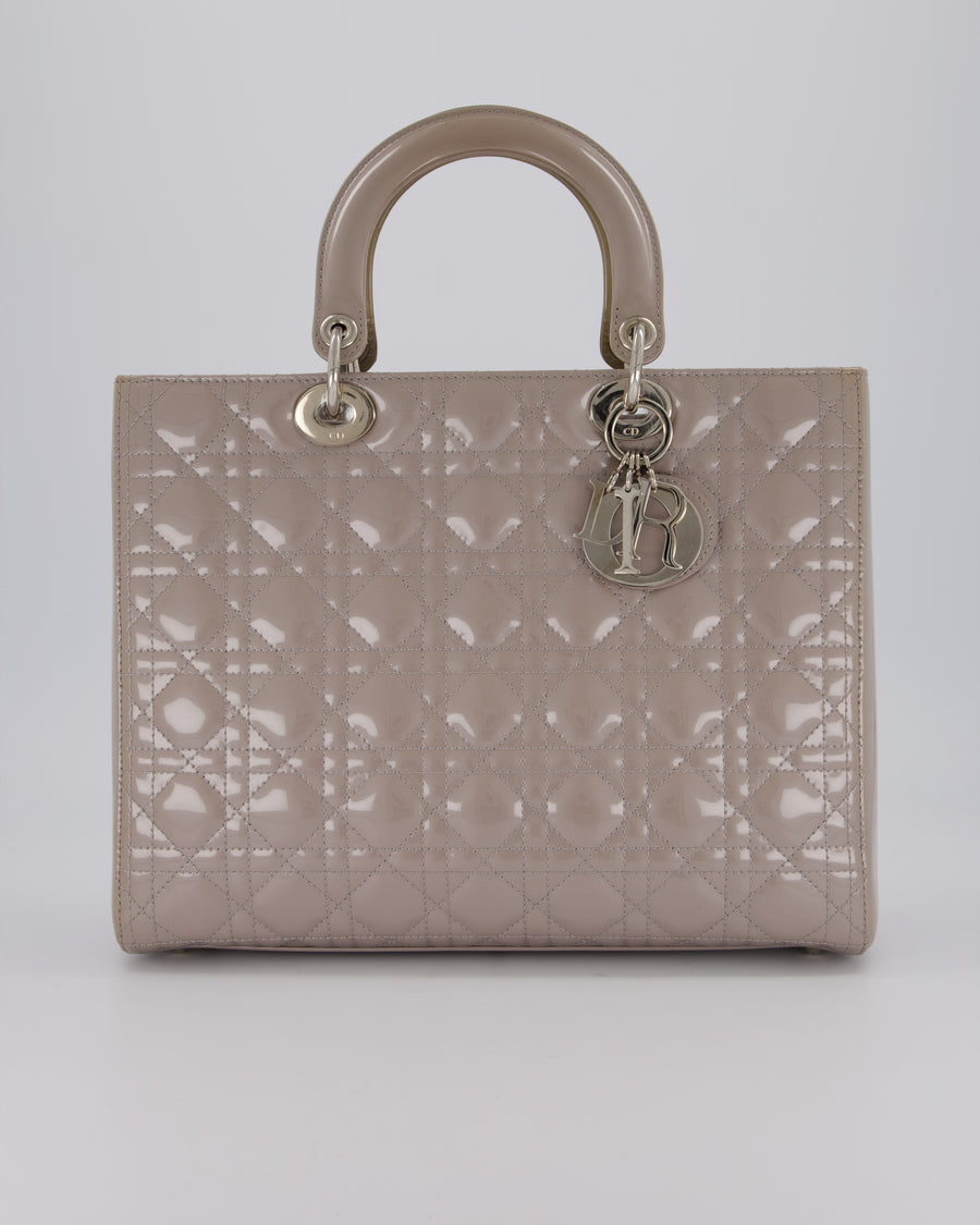 Christian Dior Taupe Grey Large Lady Dior Bag in Cannage Patent Leather with Silver Hardware RRP £5,600