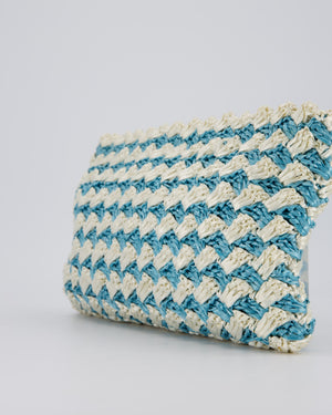 Prada Blue Raffia Crochet Logo Clutch Bag