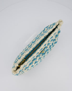 Prada Blue Raffia Crochet Logo Clutch Bag