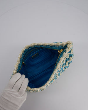 Prada Blue Raffia Crochet Logo Clutch Bag