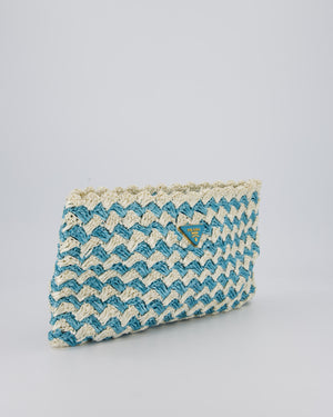 Prada Blue Raffia Crochet Logo Clutch Bag