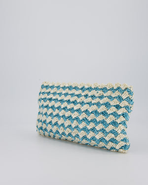 Prada Blue Raffia Crochet Logo Clutch Bag