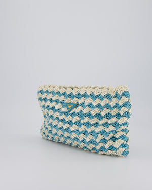 Prada Blue Raffia Crochet Logo Clutch Bag
