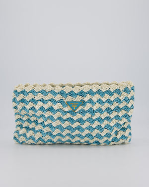 Prada Blue Raffia Crochet Logo Clutch Bag