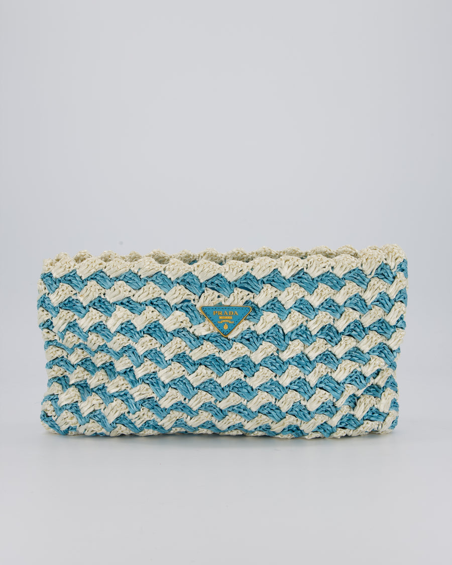 Prada Blue Raffia Crochet Logo Clutch Bag