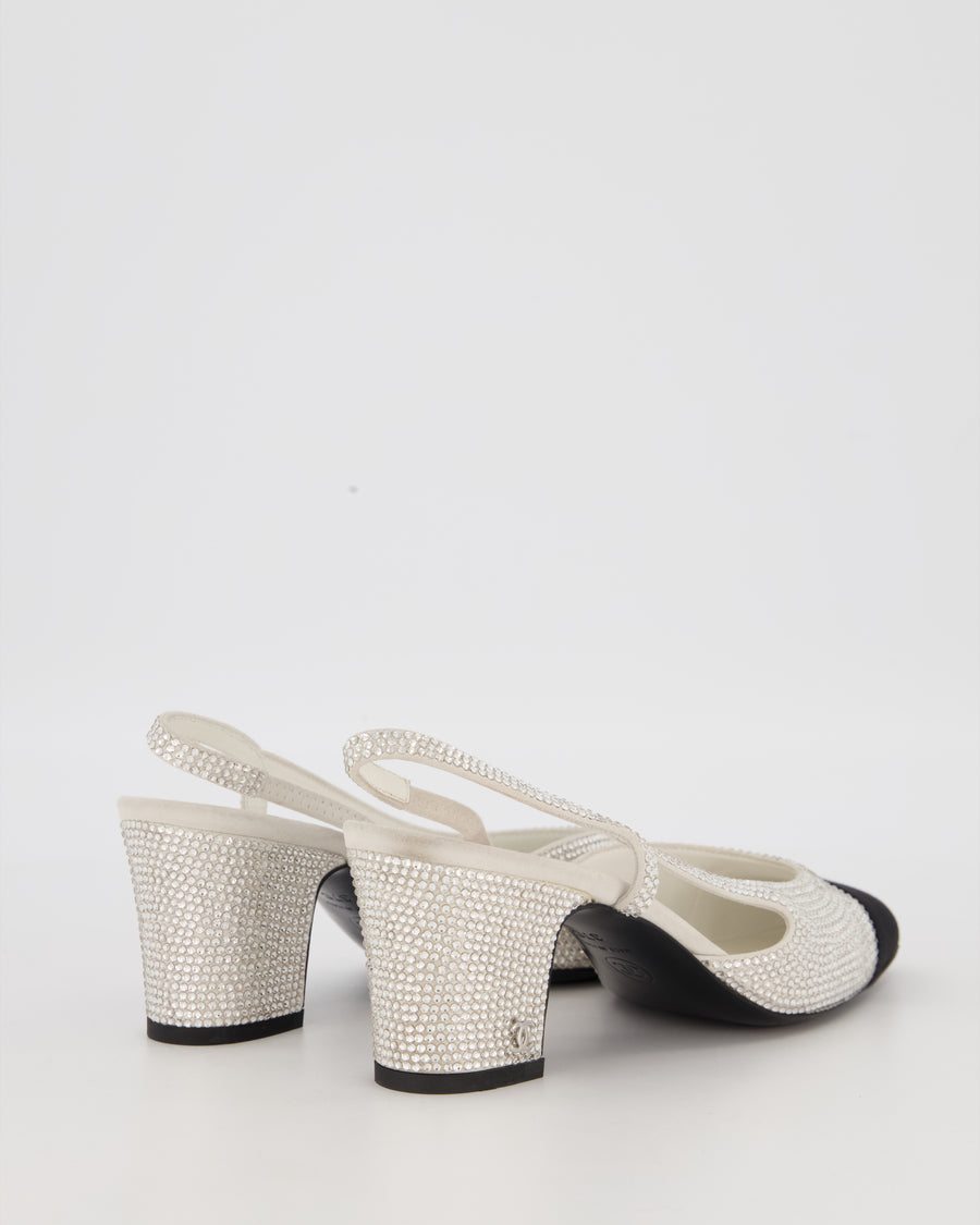 *HOT* Chanel White, Silver & Black Rhinestone Slingbacks with CC Detail Size EU 37C