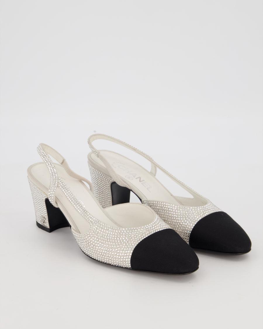 *HOT* Chanel White, Silver & Black Rhinestone Slingbacks with CC Detail Size EU 37C