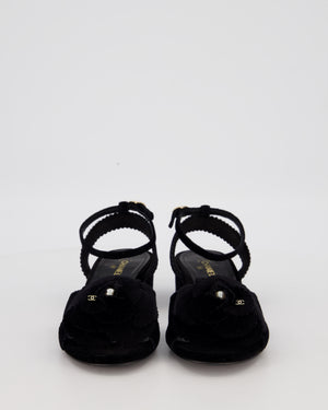 Chanel 24B Black Velvet Camelia Sandals with Pearl and CC Details Size EU 37.5C