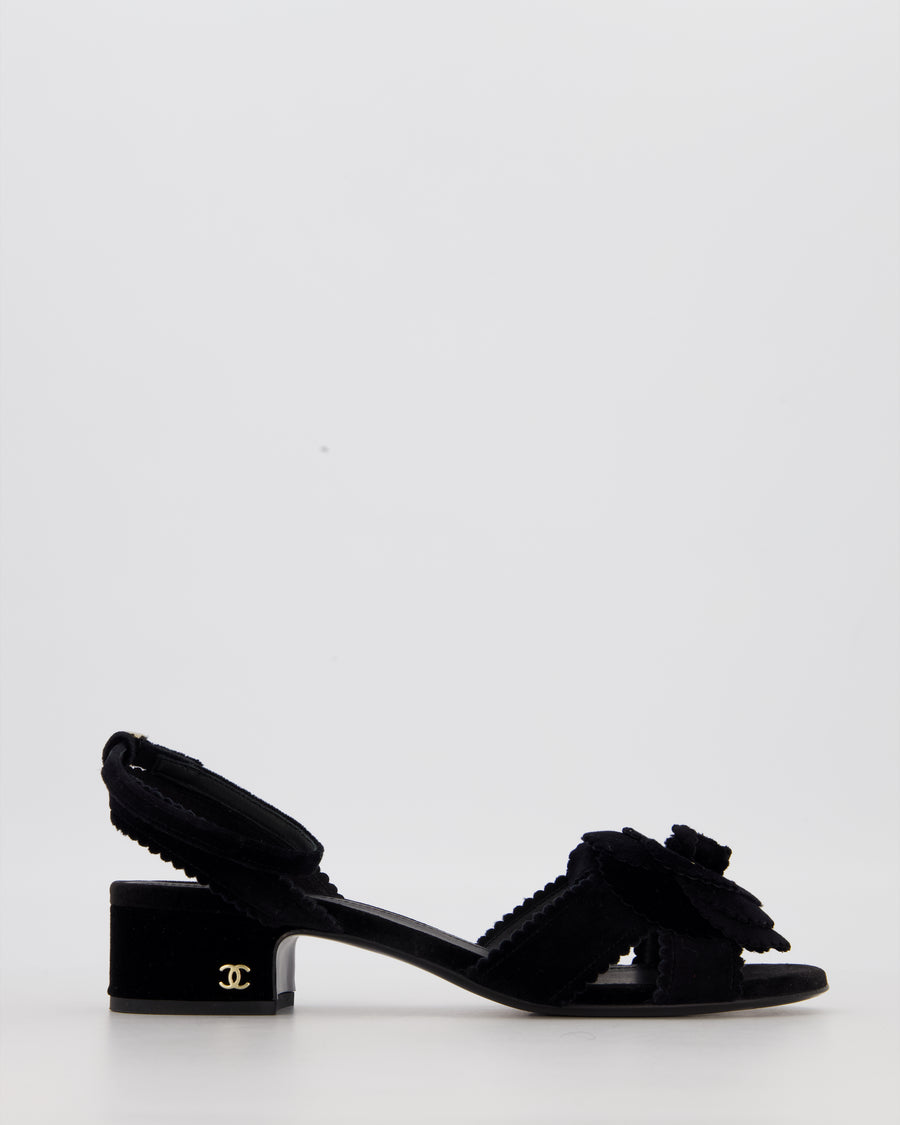 Chanel 24B Black Velvet Camelia Sandals with Pearl and CC Details Size EU 37.5C