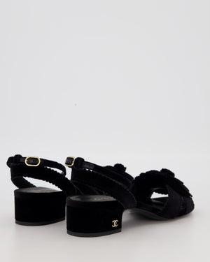 Chanel 24B Black Velvet Camelia Sandals with Pearl and CC Details Size EU 37.5C