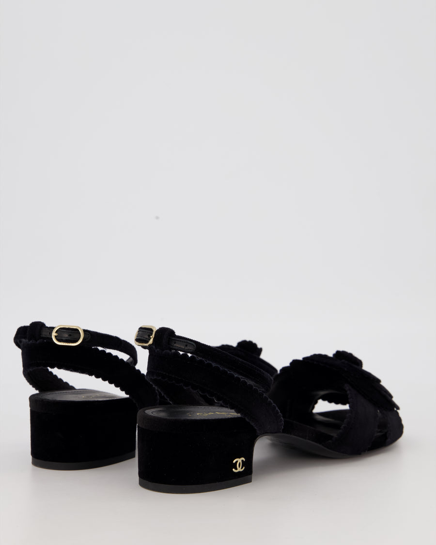 Chanel 24B Black Velvet Camelia Sandals with Pearl and CC Details Size EU 37.5C