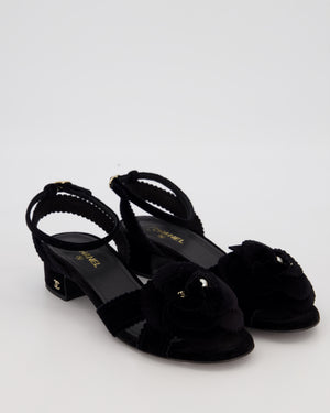 Chanel 24B Black Velvet Camelia Sandals with Pearl and CC Details Size EU 37.5C