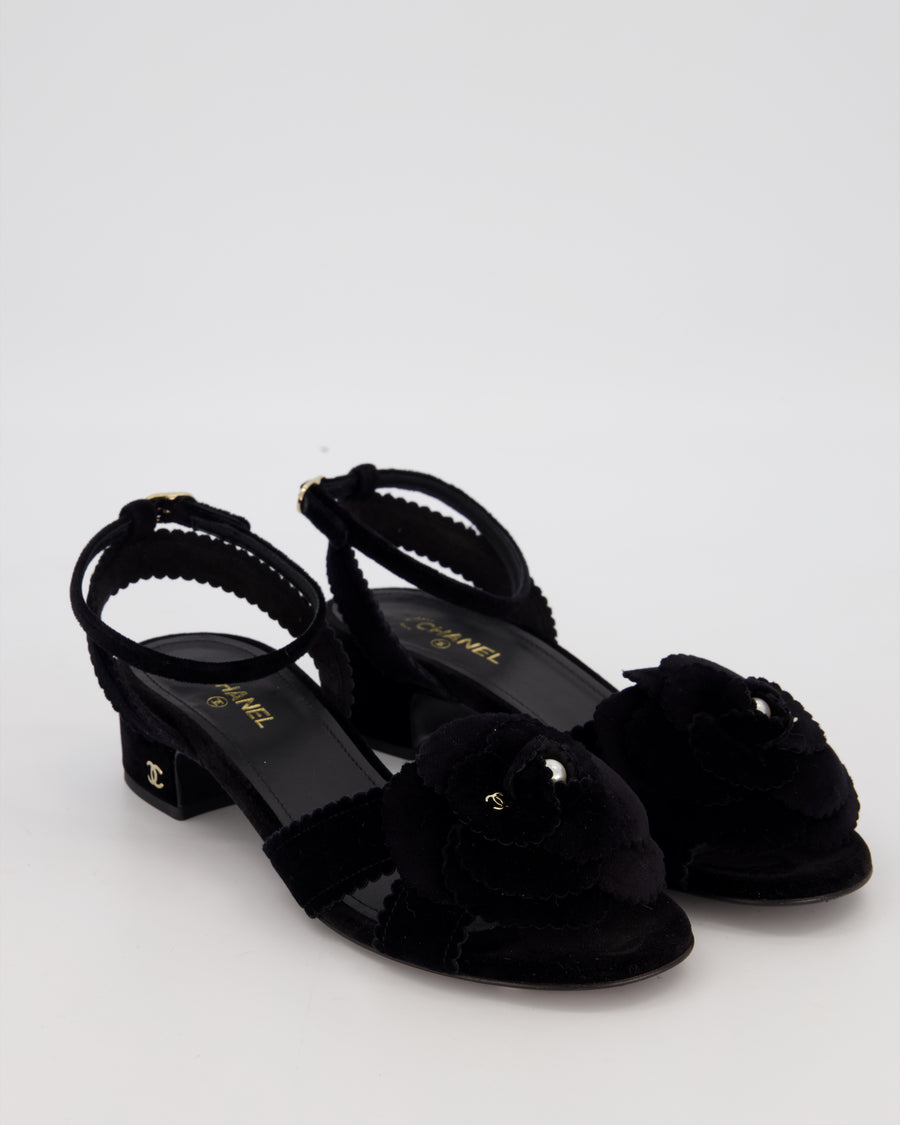 Chanel 24B Black Velvet Camelia Sandals with Pearl and CC Details Size EU 37.5C