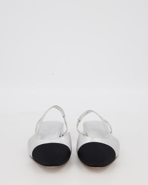 Chanel Metallic Silver Slingbacks in Aged Effect Leather with Black Toe Cap Size EU 37C