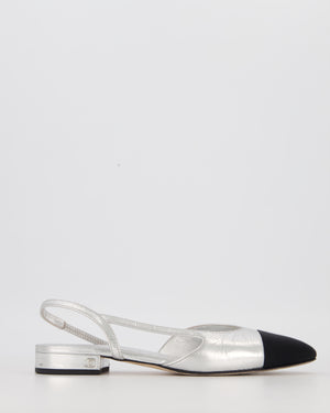 Chanel Metallic Silver Slingbacks in Aged Effect Leather with Black Toe Cap Size EU 37C