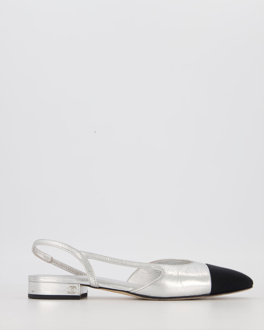 Chanel Metallic Silver Slingbacks in Aged Effect Leather with Black Toe Cap Size EU 37C