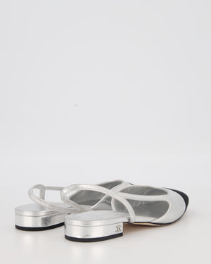 Chanel Metallic Silver Slingbacks in Aged Effect Leather with Black Toe Cap Size EU 37C
