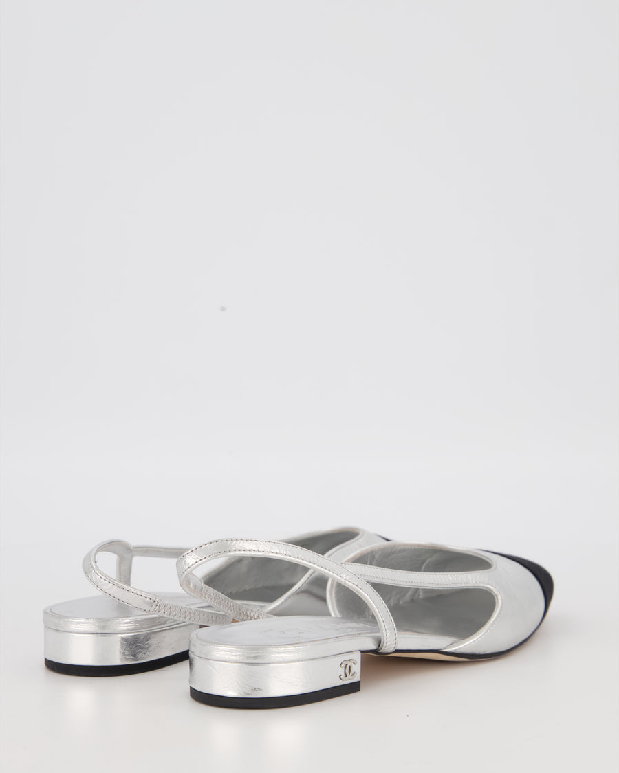 Chanel Metallic Silver Slingbacks in Aged Effect Leather with Black Toe Cap Size EU 37C