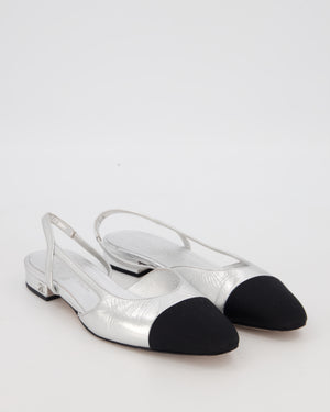Chanel Metallic Silver Slingbacks in Aged Effect Leather with Black Toe Cap Size EU 37C