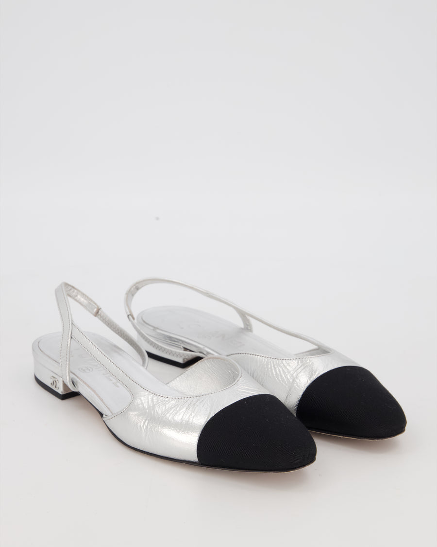 Chanel Metallic Silver Slingbacks in Aged Effect Leather with Black Toe Cap Size EU 37C
