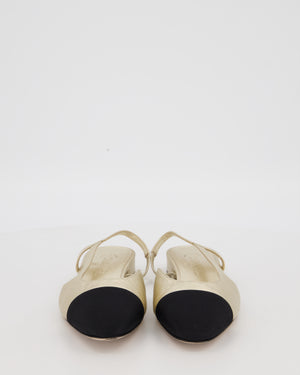 Chanel Light Gold Slingbacks in Aged Effect Leather with Black Toe Cap Size EU 37C