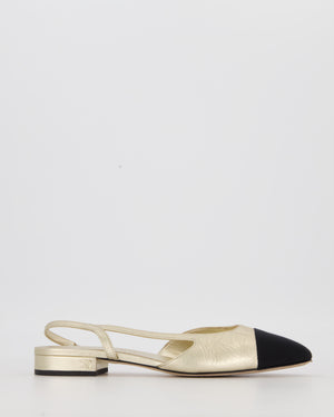 Chanel Light Gold Slingbacks in Aged Effect Leather with Black Toe Cap Size EU 37C