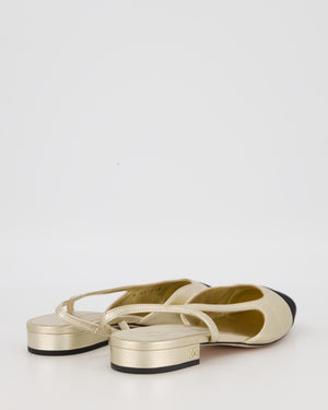 Chanel Light Gold Slingbacks in Aged Effect Leather with Black Toe Cap Size EU 37C