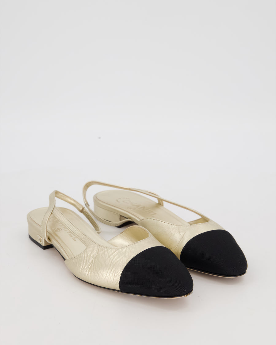 Chanel Light Gold Slingbacks in Aged Effect Leather with Black Toe Cap Size EU 37C
