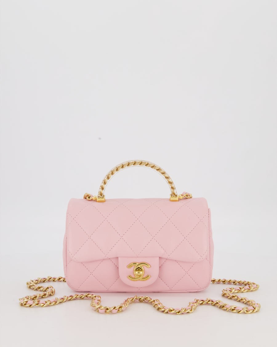 Chanel Mini Rectangular Clear Acrylic Top Handle Bag in Pink Lambskin Leather with Champagne Gold Hardware