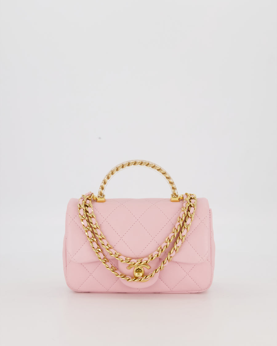 Chanel Mini Rectangular Clear Acrylic Top Handle Bag in Pink Lambskin Leather with Champagne Gold Hardware