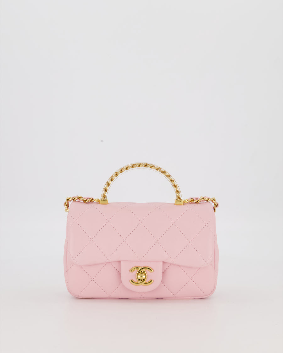 Chanel Mini Rectangular Clear Acrylic Top Handle Bag in Pink Lambskin Leather with Champagne Gold Hardware