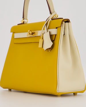 *RARE* Hermès HSS Kelly 25 Retourne Bag in Nata and Jaune Ambre Swift Leather with Gold Hardware