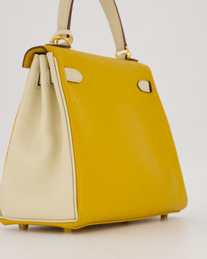 *RARE* Hermès HSS Kelly 25 Retourne Bag in Nata and Jaune Ambre Swift Leather with Gold Hardware