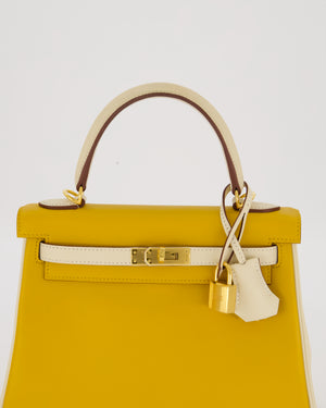 *RARE* Hermès HSS Kelly 25 Retourne Bag in Nata and Jaune Ambre Swift Leather with Gold Hardware
