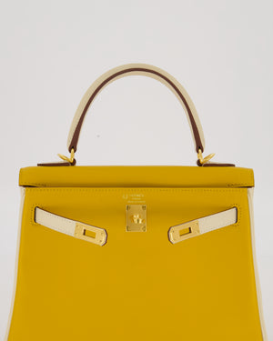 *RARE* Hermès HSS Kelly 25 Retourne Bag in Nata and Jaune Ambre Swift Leather with Gold Hardware