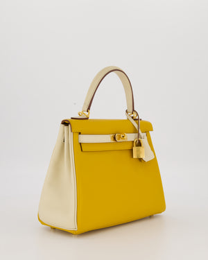 *RARE* Hermès HSS Kelly 25 Retourne Bag in Nata and Jaune Ambre Swift Leather with Gold Hardware