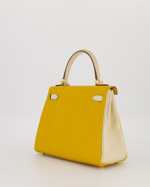*RARE* Hermès HSS Kelly 25 Retourne Bag in Nata and Jaune Ambre Swift Leather with Gold Hardware