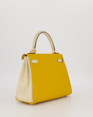 *RARE* Hermès HSS Kelly 25 Retourne Bag in Nata and Jaune Ambre Swift Leather with Gold Hardware
