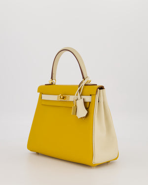 *RARE* Hermès HSS Kelly 25 Retourne Bag in Nata and Jaune Ambre Swift Leather with Gold Hardware