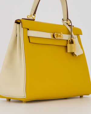*RARE* Hermès HSS Kelly 25 Retourne Bag in Nata and Jaune Ambre Swift Leather with Gold Hardware