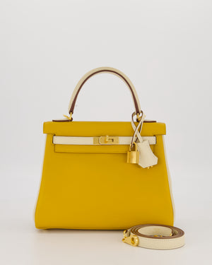 *RARE* Hermès HSS Kelly 25 Retourne Bag in Nata and Jaune Ambre Swift Leather with Gold Hardware
