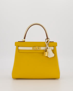 *RARE* Hermès HSS Kelly 25 Retourne Bag in Nata and Jaune Ambre Swift Leather with Gold Hardware