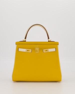 *RARE* Hermès HSS Kelly 25 Retourne Bag in Nata and Jaune Ambre Swift Leather with Gold Hardware