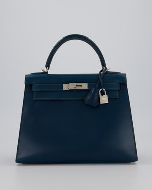 *VERY RARE* Hermès Kelly 28 Sellier Bag in Bleu De Prusse Box Calf Leather with Guilloche Palladium Hardware
