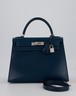 *VERY RARE* Hermès Kelly 28 Sellier Bag in Bleu De Prusse Box Calf Leather with Guilloche Palladium Hardware